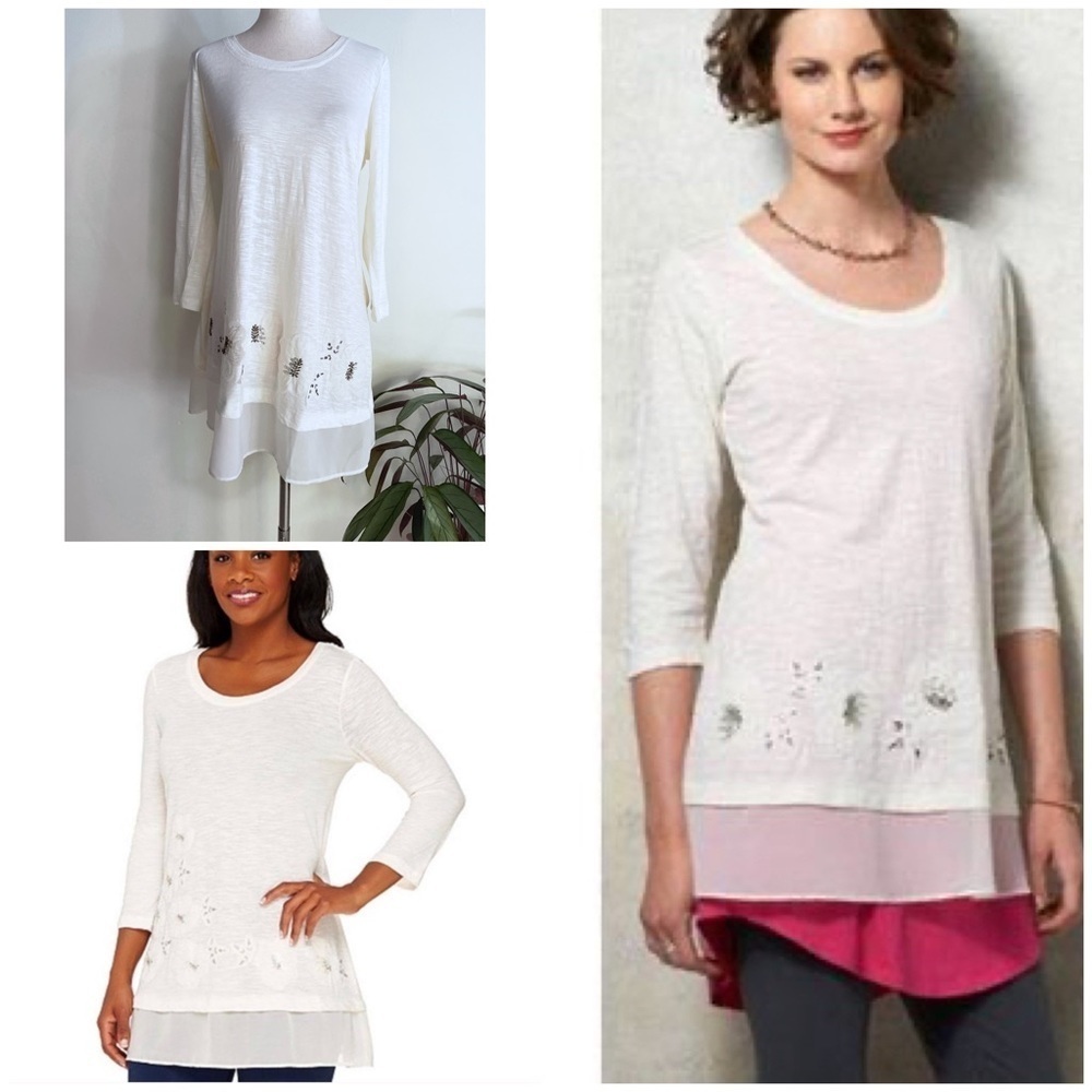 NWT LOGO by Lori Goldstein Slub Knit Beaded Floral Embellished Chiffon Trim Top 